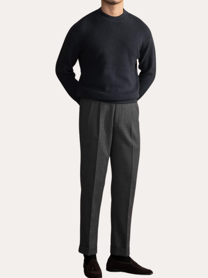 Ribbet O-hals Sweater Marineblå