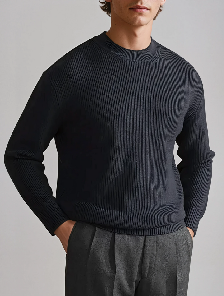 Ribbet O-hals Sweater Marineblå
