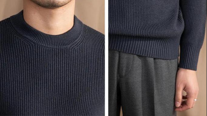 Ribbet O-hals Sweater Marineblå