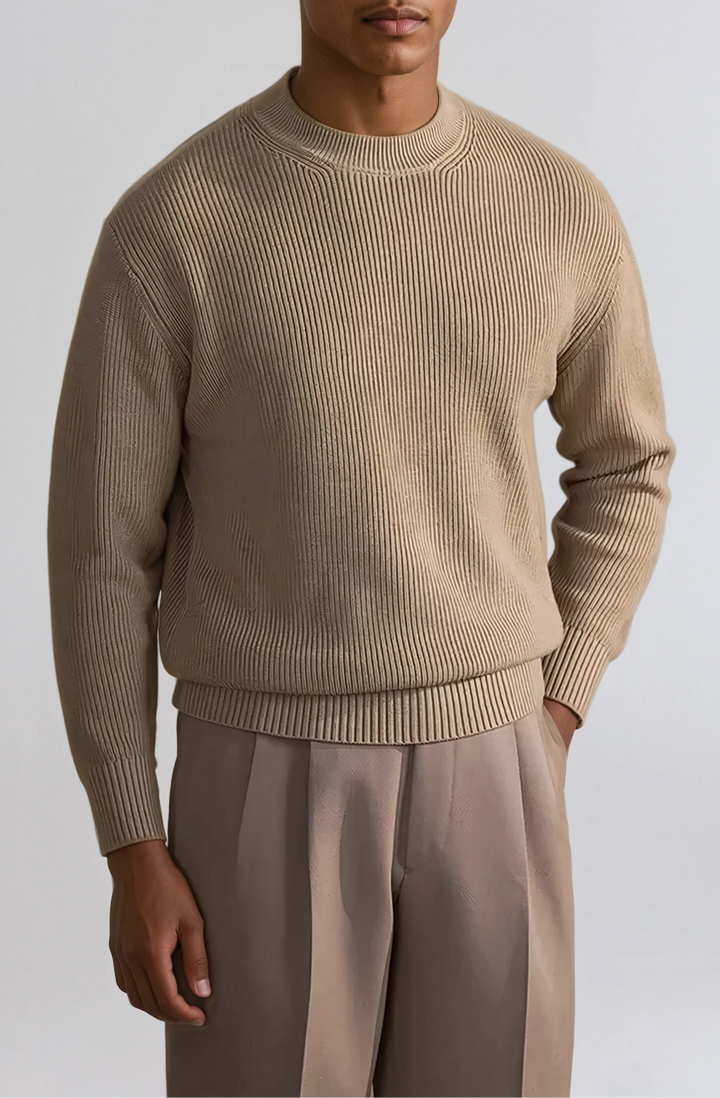 Ribbet O-hals Trøje Khaki