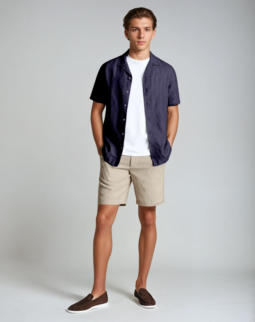 Beachside Linned Korte Bukser - Khaki